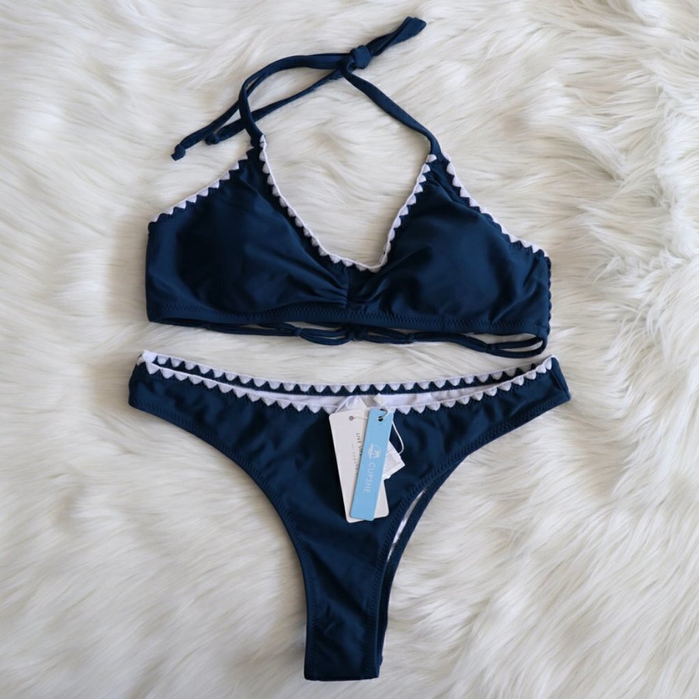 NEW Navy Blue Crochet Trim Halter Bikini Set Size Large - Picture 3 of 9